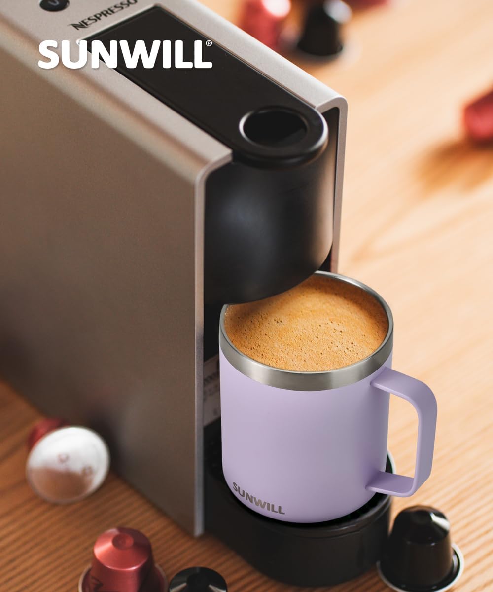 SUNWILL Travel Coffee Mug with Lid, Insulated Tumbler with Handle, 14 oz Stainless Steel Cup for Ice, Water, Tea, Rose Gold