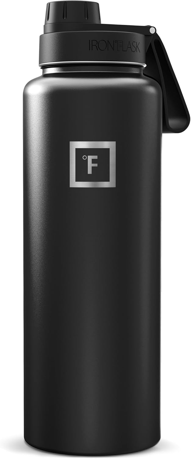 IRON °FLASK Camping & Hiking Hydration Flask with Straw, Wide Mouth Insulated Stainless Steel Sports Water Bottle - 40 oz Midnight Black