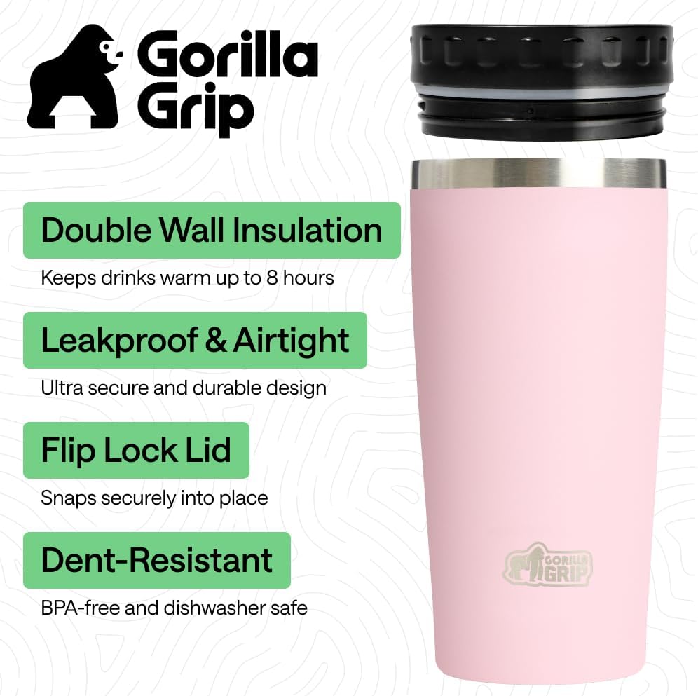 GORILLA GRIP 304 Stainless Steel Double Insulated Travel Coffee Mug, Leakproof Lid with Smooth Sip Top, Prevent Spills, Dent & Rust Resistant Reusable Tumbler Cup, Thermal Mugs for Drinks, 20oz, Black