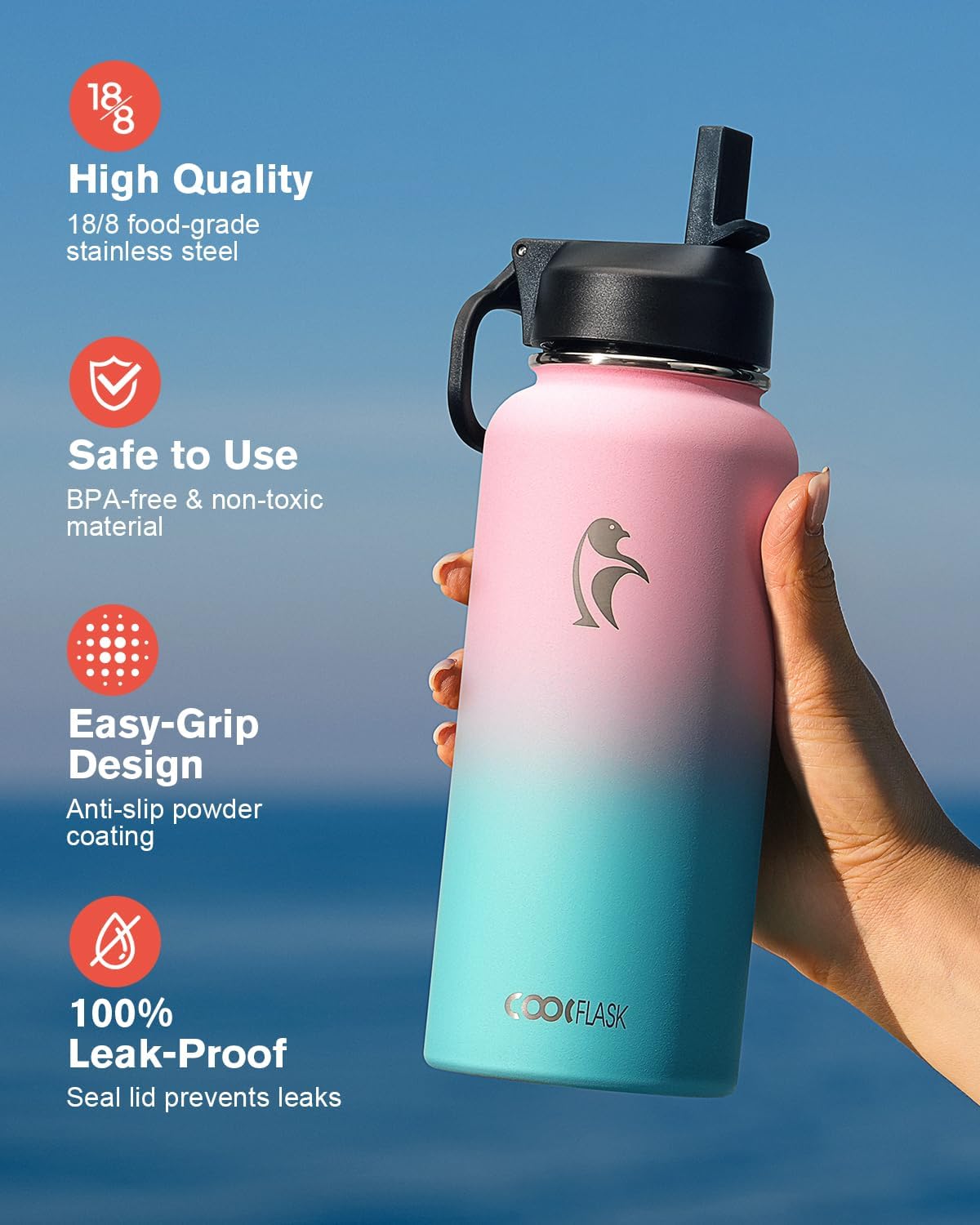 Half Gallon Water Bottle Insulated with Straw & 3 Lids, Coolflask 64 oz Water Jug Large Metal Stainless Steel Wide Mouth for Sports, Gym or Office, Non-BPA Keep Cold 48H Hot 24H, Samurai Cyan