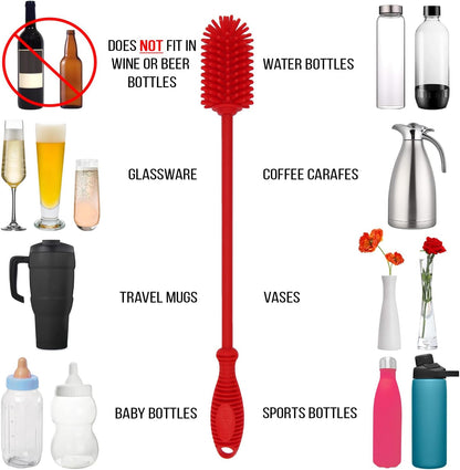 Kitchiny Silicone Bottle Brush with 2 Straw Cleaners - 12.5” Water Bottle Cleaner Brush for Yeti, Hydro Flask, Owala, Stanley, Baby Bottles, Glassware, Vases & Narrow Neck Containers - Orange