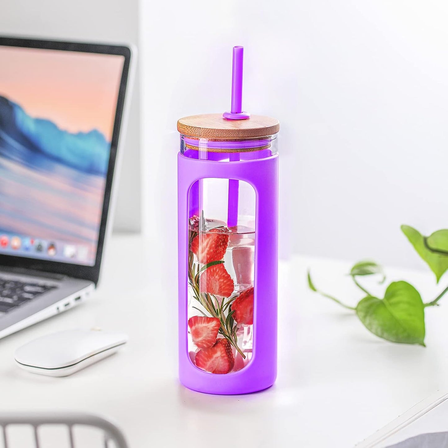Kodrine 20oz Glass Water Tumbler with Straw and Lid, Bamboo Lids Water Bottle, Iced Coffee Cup Reusable, Wide Mouth Smoothie Cups with Protective Silicone Sleeve BPA FREE-Black - Colors A