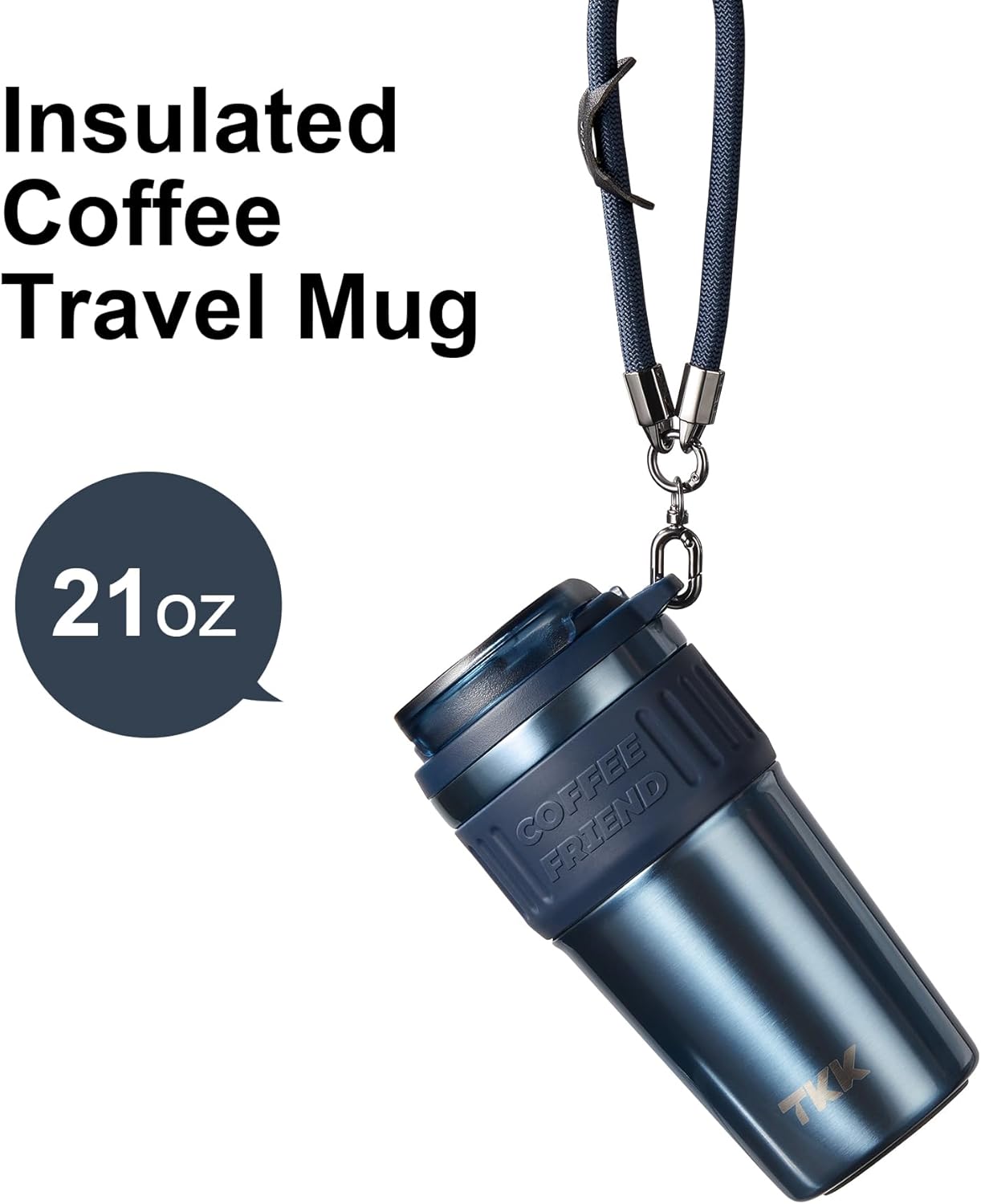 TKK Insulated Coffee Mug with Ceramic Coating, 21oz Iced Coffee Tumbler Cup with Straw Lid Double Wall Vacuum Leak Proof Travel Mug with Strap for Hot and Iced Beverage, Tungsten Steel