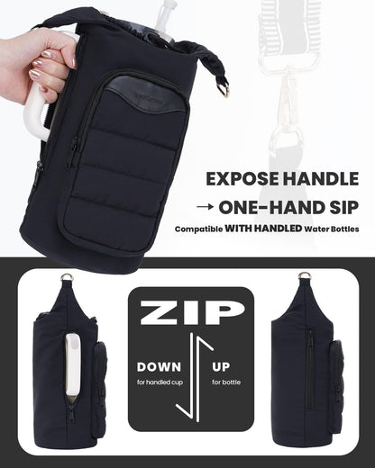 sportsnew Water Bottle Holder, Crossbody Insulated Cup Sleeve for 30oz/40oz Tumbler with Handle, Puffy Carrier Bag with Phone & RFID-Blocking Card Pocket & Drawstring Closure for Quick Access