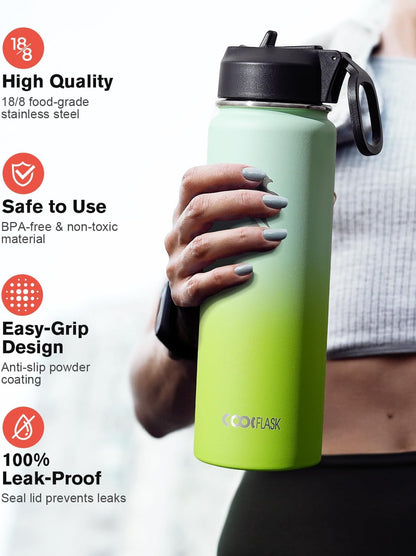 Half Gallon Water Bottle Insulated with Straw & 3 Lids, Coolflask 64 oz Water Jug Large Metal Stainless Steel Wide Mouth for Sports, Gym or Office, Non-BPA Keep Cold 48H Hot 24H, Samurai Cyan