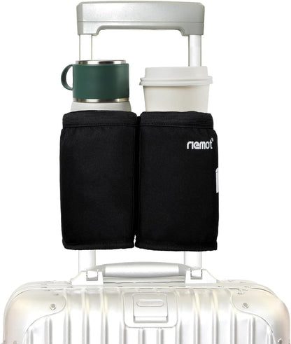 riemot Luggage Travel Cup Holder Free Hand Drink Carrier - Hold Two Coffee Mugs - Fits Roll on Suitcase Handles - Gifts for Flight Attendants Travelers Accessories Carbon Black
