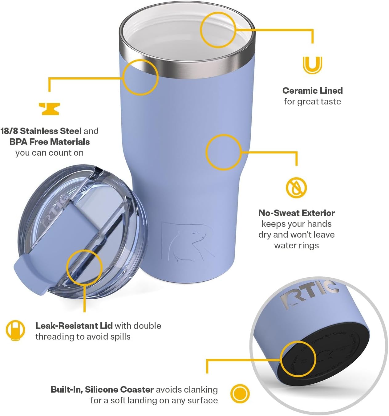 RTIC 20oz Essential Tumbler with Lid, Ceramic Lined, Insulated, Stainless Steel, Metal, Double Wall Vacuum-Insulation, Travel Cup for Iced Coffee, Tea, Hot and Cold Drink, Graphite