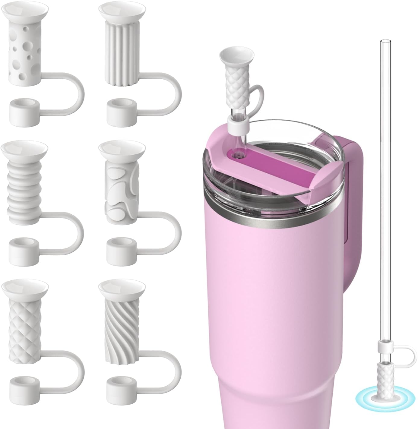 6 Pcs Straw Cover Caps with Suction Base, 0.4in/10mm Straw Toppers for Stanley Cup 30/40 oz, Multicolor