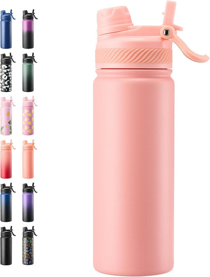 Fijinhom 18 oz Insulated Water Bottle, 2-in-1 Straw and Spout Lid Stainless Steel Thermos, Leak-Proof, Double Wall Vacuum Flask, Keep Cold 24H for Outdoor, Sports, Travel, School (Black)