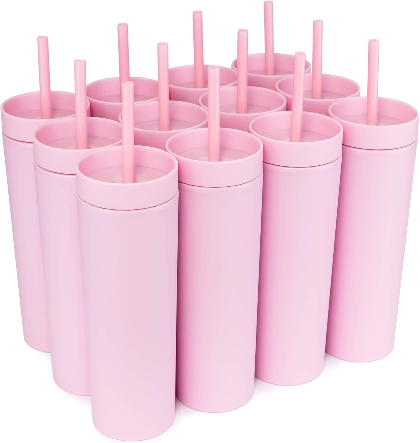 STRATA CUPS Perwinkle Skinny Tumblers with Lids and Straws (4 pack), 16oz Matte Pastel Colored Acrylic Tumblers with Lids and Straws, Double Wall Skinny Tumbler Bulk, Reusable Cup with Straw Cleaner