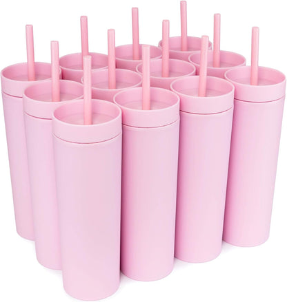 STRATA CUPS Perwinkle Skinny Tumblers with Lids and Straws (4 pack), 16oz Matte Pastel Colored Acrylic Tumblers with Lids and Straws, Double Wall Skinny Tumbler Bulk, Reusable Cup with Straw Cleaner