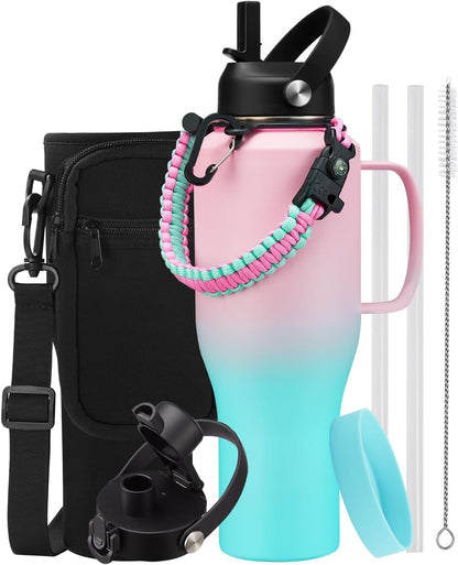 Insulated Water Bottle 40 oz - Fits in any Car Cup Holder, Keep Cold 48H Hot 24H, Stainless Steel Waterbottle Double Wall Flask with Straw, Pop-up Spout Lid, Paracord Handle, Carrier Bag