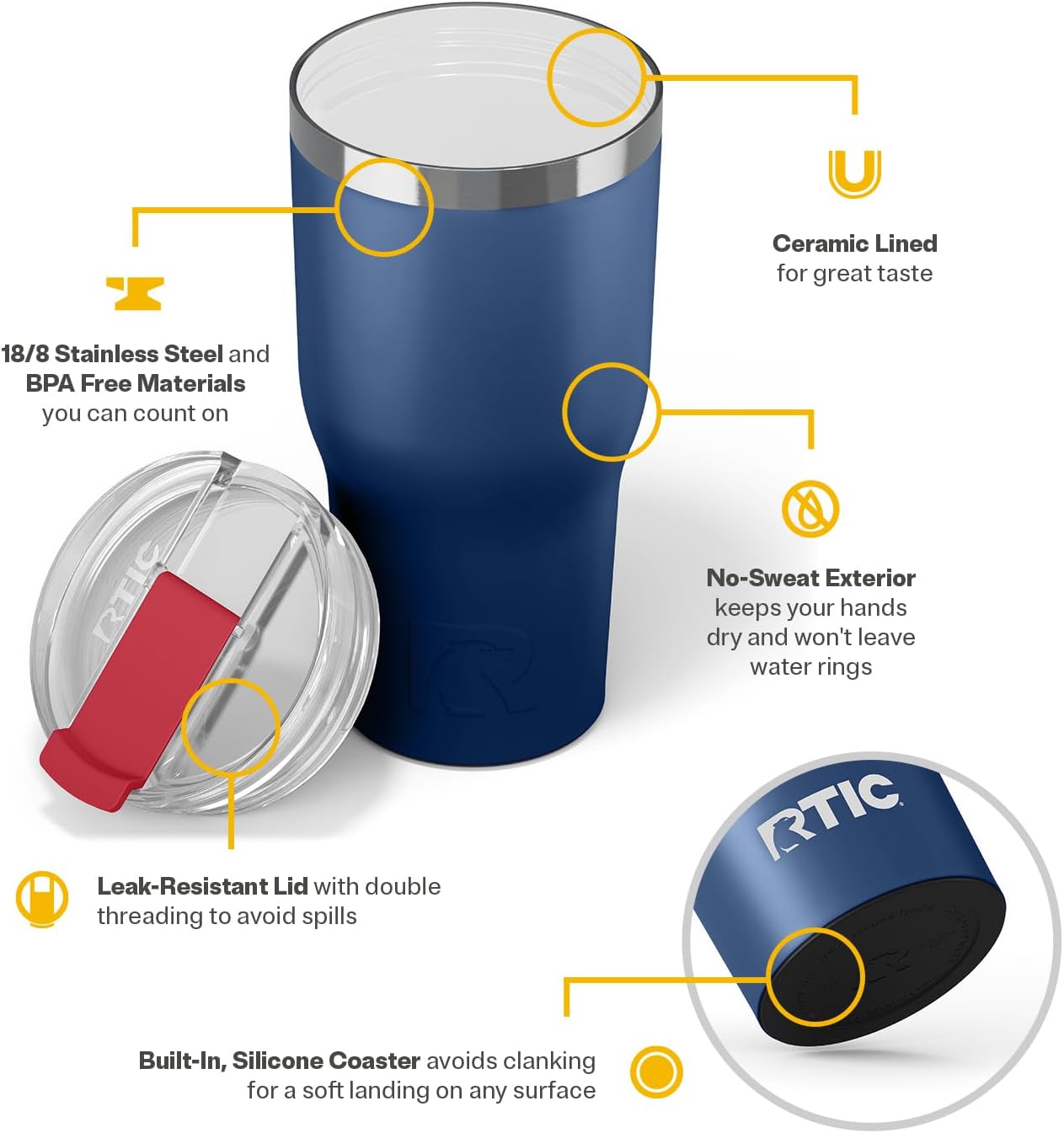 RTIC 20oz Essential Tumbler with Lid, Ceramic Lined, Insulated, Stainless Steel, Metal, Double Wall Vacuum-Insulation, Travel Cup for Iced Coffee, Tea, Hot and Cold Drink, Graphite