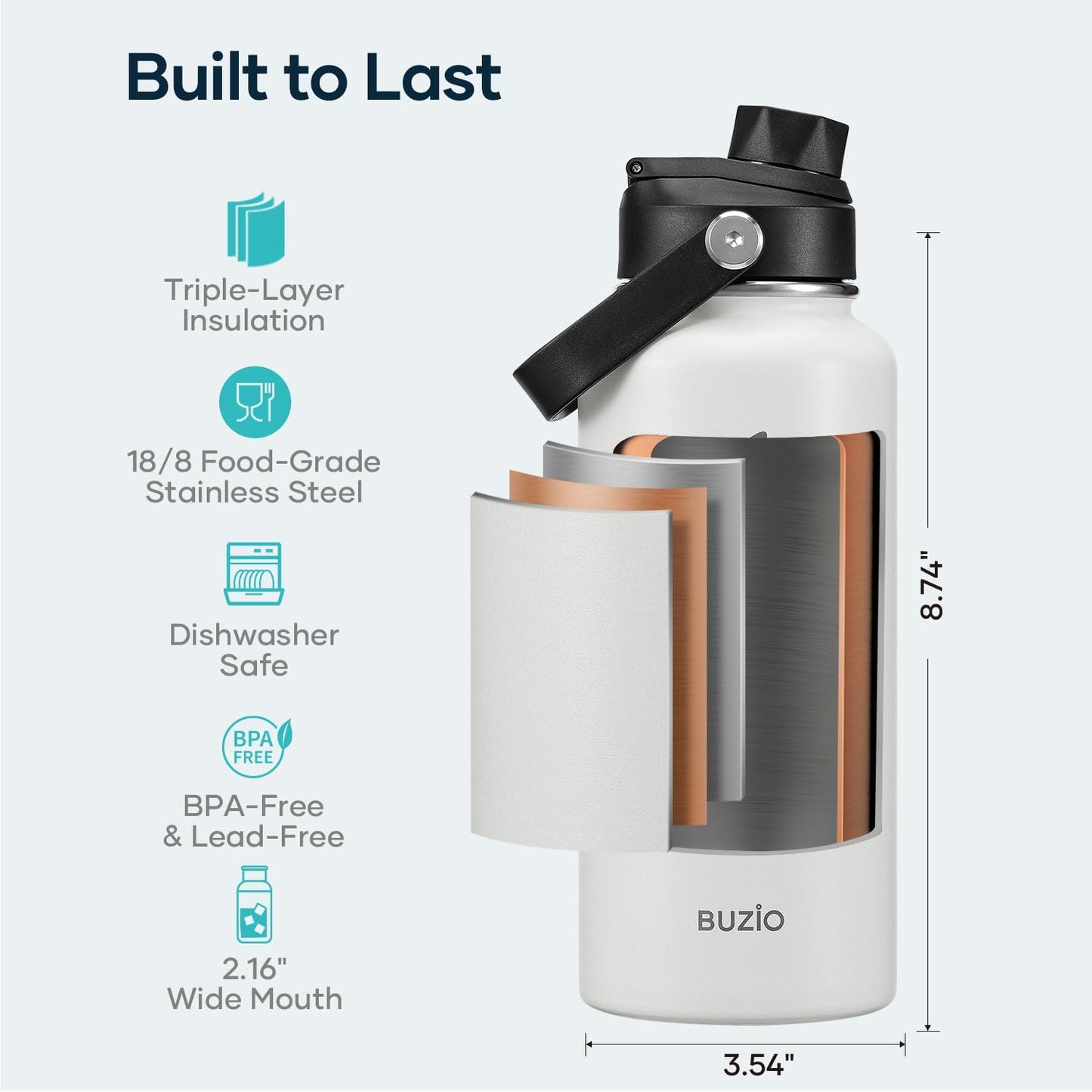 BUZIO 40oz Insulated Water Bottle, Triple Wall Vacuum Stainless Steel Water Flask with 2 lids, Lead-Free BPA-Free Straw Lid Sports Canteen Jug, Cold 48H & Hot 24H- Black - Colors A