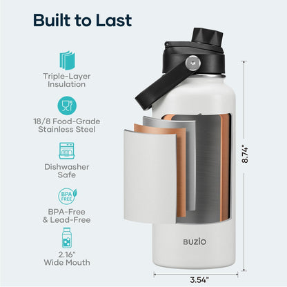 BUZIO 40oz Insulated Water Bottle, Triple Wall Vacuum Stainless Steel Water Flask with 2 lids, Lead-Free BPA-Free Straw Lid Sports Canteen Jug, Cold 48H & Hot 24H- Black - Colors A