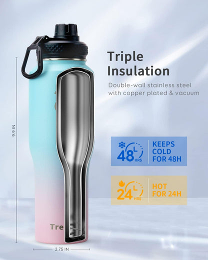 Trebo 40 oz Water Bottle Insulated Fit Car Cup Holder with Handle, Stainless Steel Water Bottles Tumbler with Spout Straw Lids, Double Wall Travel Reusable Flask, Leakproof Mug,Keep Cold &Hot,Black