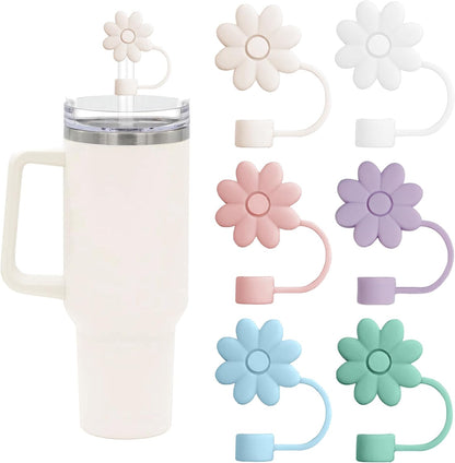 Flower Straw Covers Toppers for Stanley Cups 30&40 Oz Tumbler with Handle Accessories 4PCS Silicone Straw Caps Reusable Straws Tips Protectors for Stanley Cup 10mm 0.4in Straws,Off White
