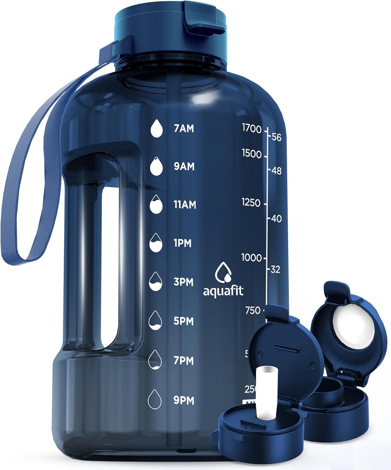 AQUAFIT 64 oz Water Bottle with Time Marker - Straw & Chug Lid - BPA Free Half Gallon Gym Water Bottle with Handle - Big Gallon Jug (Gray, 64 Ounces)