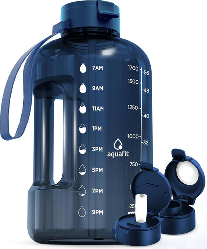 AQUAFIT 64 oz Water Bottle with Time Marker - Straw & Chug Lid - BPA Free Half Gallon Gym Water Bottle with Handle - Big Gallon Jug (Gray, 64 Ounces)