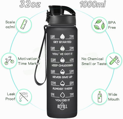 Enerbone Water Bottle, Leakproof BPA & Toxic Free, Motivational Water Bottle with Times to Drink and Straw, Fitness Sports Water Bottle with Strap for Office, Gym, Outdoor Sports