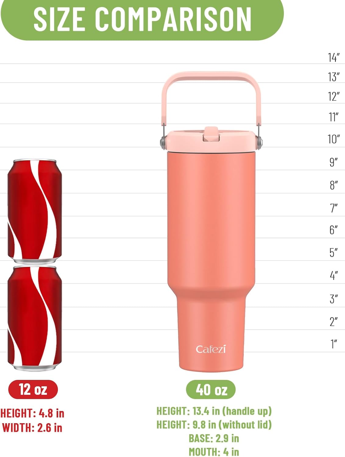 40 oz Insulated Tumbler with Top Handle and Flip Straw, Vacuum Insulated Stainless Steel Cup with Leak-Proof Lid, Sweat-Free, Fits Cup Holder, Keeps Ice Cold up to 30 Hours