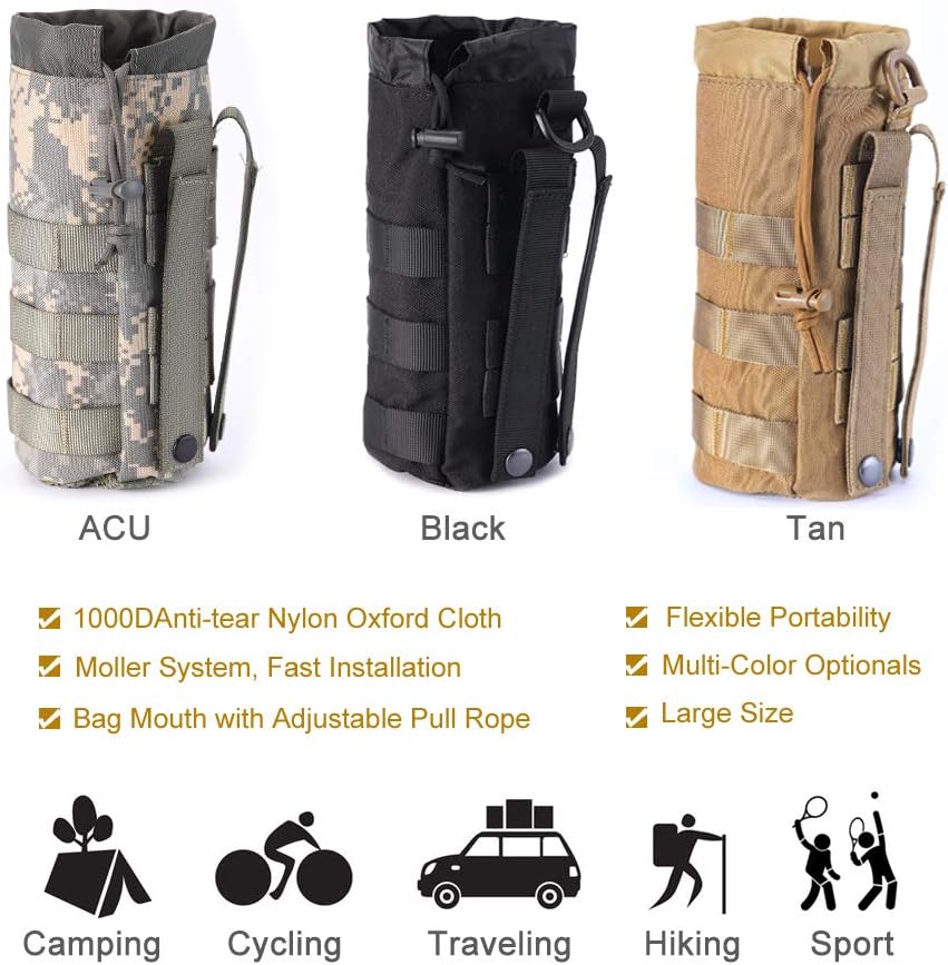 Upgraded Sports Water Bottles Pouch Bag, Tactical Drawstring Molle Water Bottle Holder Tactical Pouches, Travel Mesh Water Bottle Bag Tactical Hydration Carrier