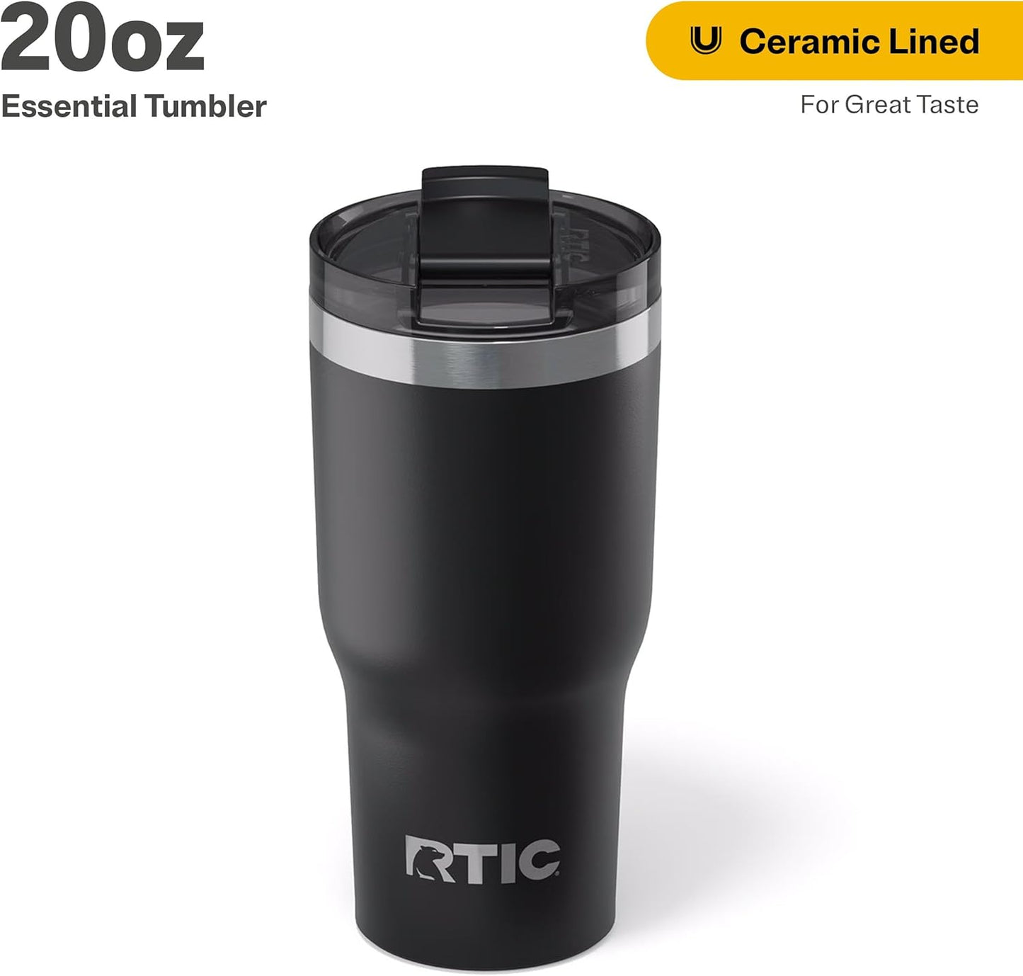 RTIC 20oz Essential Tumbler with Lid, Ceramic Lined, Insulated, Stainless Steel, Metal, Double Wall Vacuum-Insulation, Travel Cup for Iced Coffee, Tea, Hot and Cold Drink, Graphite