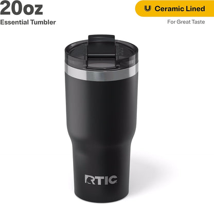 RTIC 20oz Essential Tumbler with Lid, Ceramic Lined, Insulated, Stainless Steel, Metal, Double Wall Vacuum-Insulation, Travel Cup for Iced Coffee, Tea, Hot and Cold Drink, Graphite