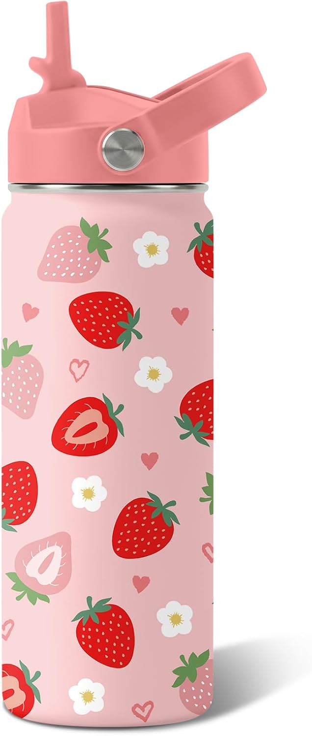 Strawberry Gifts for Kids - 16oz Pink Kids Water Bottle with Straw Lid, Stainless Steel Insulated Water Bottle, Leakproof, BPA-Free, for Girls, School, Strawberry Lover Children Birthday Gift Cup(1pc)