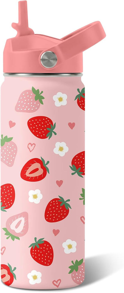Strawberry Gifts for Kids - 16oz Pink Kids Water Bottle with Straw Lid, Stainless Steel Insulated Water Bottle, Leakproof, BPA-Free, for Girls, School, Strawberry Lover Children Birthday Gift Cup(1pc)