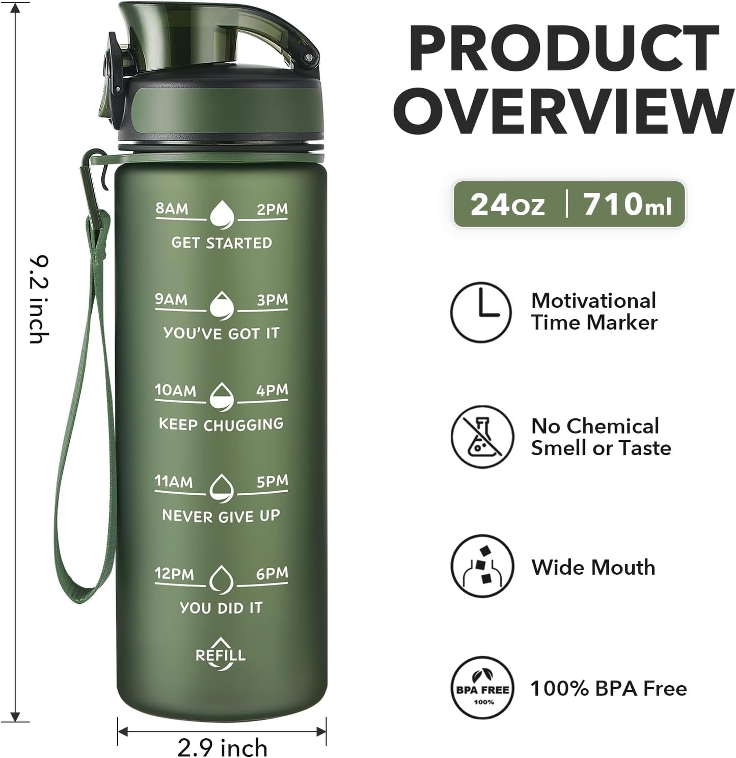Enerbone Water Bottle, Leakproof BPA & Toxic Free, Motivational Water Bottle with Times to Drink and Straw, Fitness Sports Water Bottle with Strap for Office, Gym, Outdoor Sports
