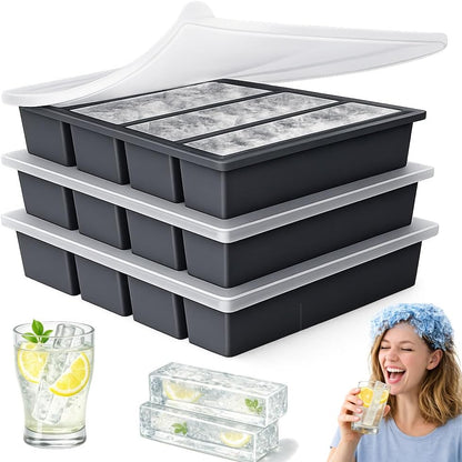 Large Silicone Ice Cube Trays for Tall Bottles, Long Ice Stick Mold with Lid, Slow Melting, Stackable & Odor Resistant Freezer Tray, Reusable for Drinks or Butter, 3 Pack