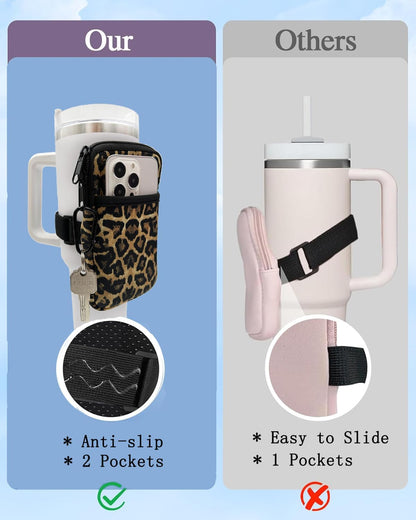 LMYUHONG Water Bottle Pouch For Stanley cup accessories 40oz 20oz 30oz,tumbler pouch with Versatile Pocket, for Cards, Keys,Earphone. Fits for Phones, Use for Running, Walking, Hiking,Biking,DeepPink