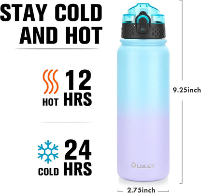 Oldley Insulated Water Bottle 20oz for Adults Kids Stainless Steel Water Bottles with Straw/Chug/Carabiner 3 Lids Fruit Strainer Double Wall Vacuum Wide Mouth BPA Free Leak-Proof for School Travel