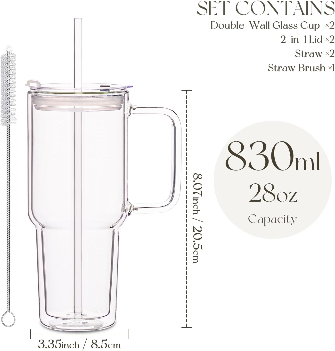 KEMORELA 2 Pack 28oz Double Wall Glass Tumblers with Handle, Lids & Straws – Large Insulated Clear Glass Coffee Cups for Iced Coffee, Matcha, Smoothies, Bubble Tea & Cold Drinks
