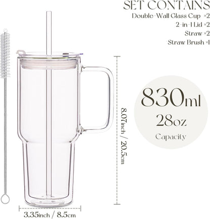 KEMORELA 2 Pack 28oz Double Wall Glass Tumblers with Handle, Lids & Straws – Large Insulated Clear Glass Coffee Cups for Iced Coffee, Matcha, Smoothies, Bubble Tea & Cold Drinks