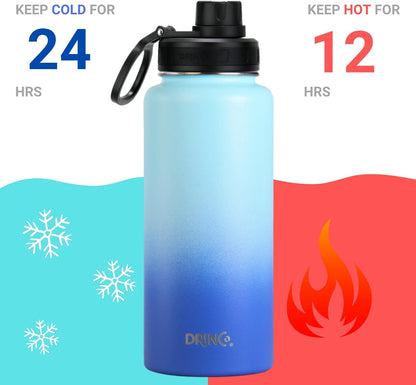 Drinco Stainless Steel Water Bottle Spout Lid Vacuum Insulated Double Wall Water Bottle Wide Mouth (40oz 32oz 22oz 18oz 14oz) Leak Proof Keep Cold Sport Camping Hiking (22 oz, 22oz Black)