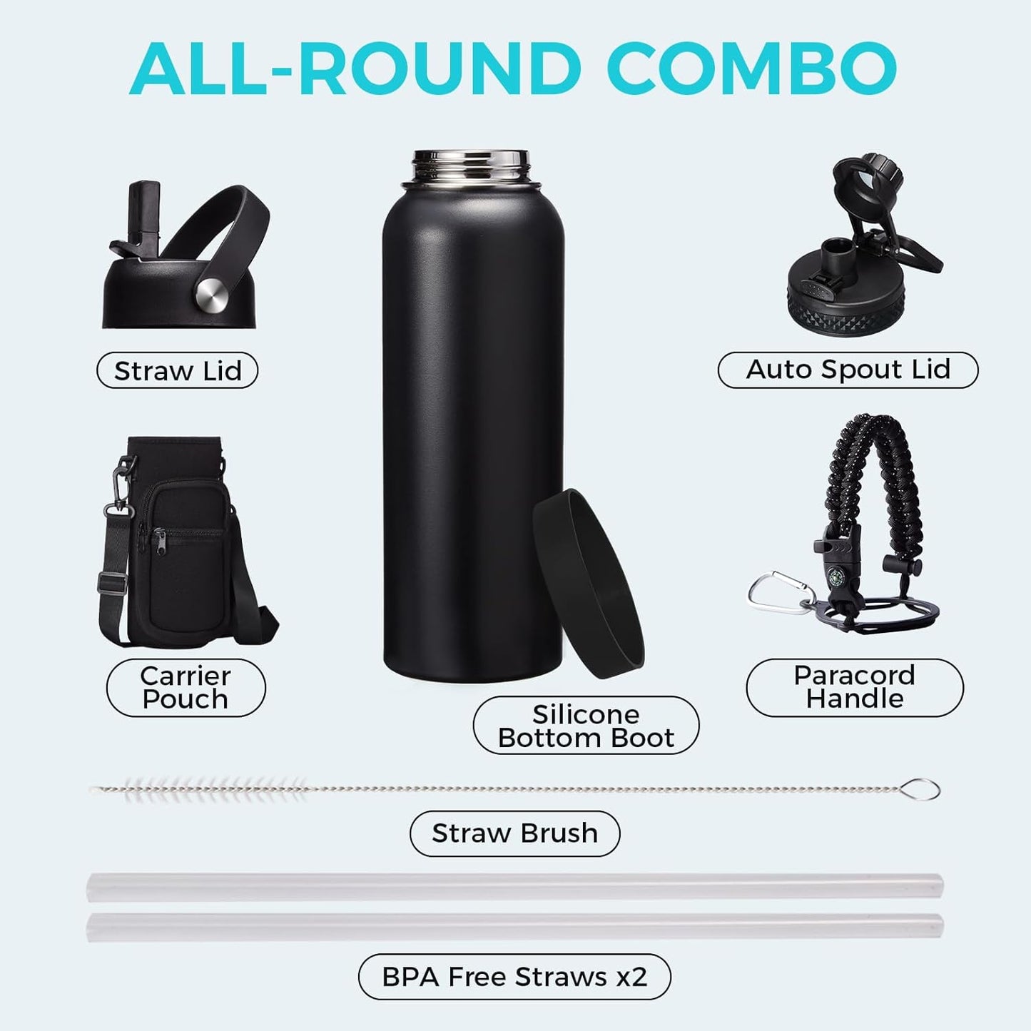 32/40/64OZ Insulated Water Bottle - Keep Cold 48H Hot 24H, Combo Straw/Spout Lids, Paracord Handle for Gym/Hiking, Carrier Bag +Strap, Cup Mat, BPA-Free Stainless Steel Flask Jug