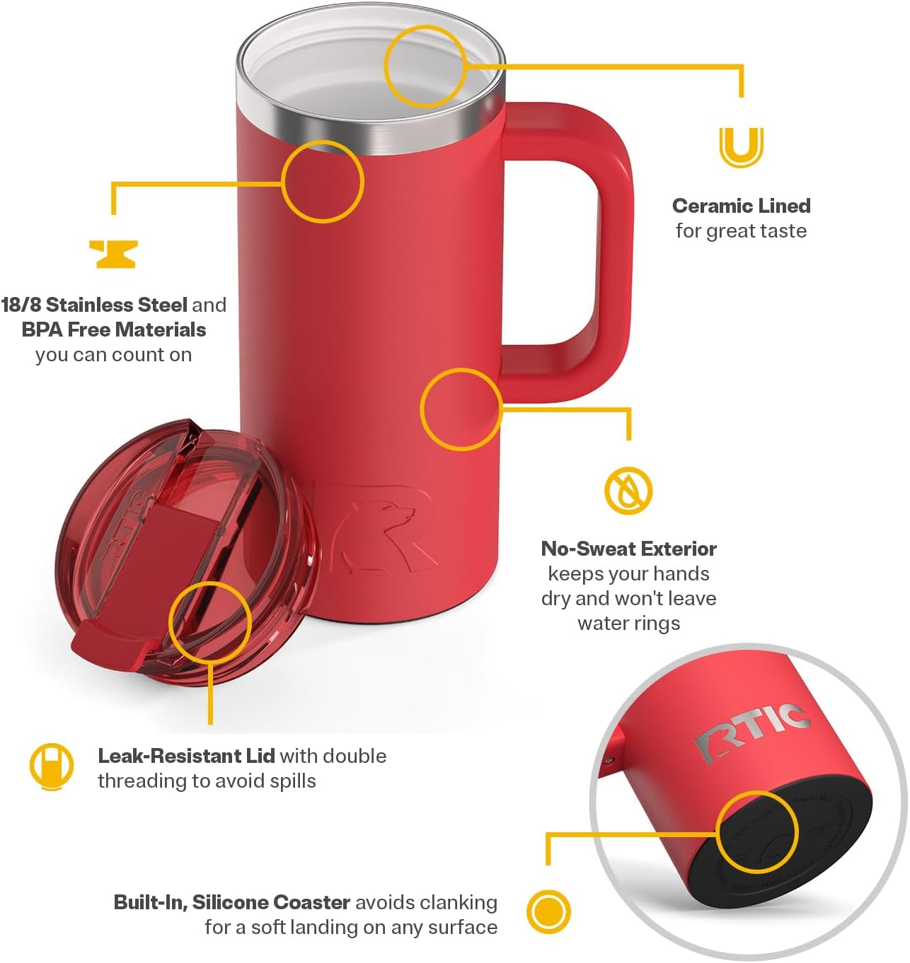 RTIC 20oz Road Trip Travel Mug with Lid and Handle, Ceramic Lined, Insulated, Stainless Steel, Metal, Double Wall Vacuum-Insulation, Portable Coffee, Tea Cup for Hot and Cold Drink, Black