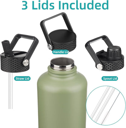 Konokyo 22oz Stainless Steel Bottles with 3 Lids Sport Insulated Water Bottle,Mint