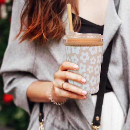 Reusable Insulated Neoprene Iced Coffee Cup Sleeve, Durable Drink Sleeve for Cold Beverages, Beverage Holder for Iced Coffee, Floral Checkers