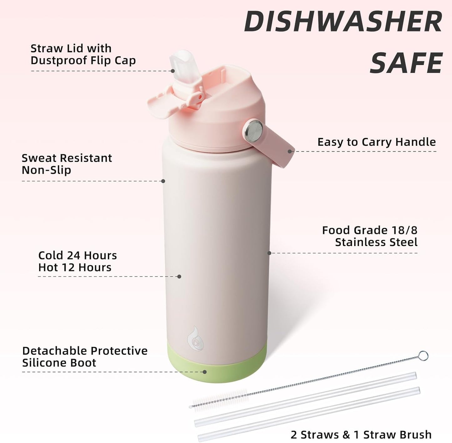 BJPKPK Insulated Water Bottle with Straw Lid, 18oz Thermo Water Bottles with Soft Nozzle, Flex Handle & Non-slip Boot, BPA Free Leak Proof Stainless Steel Metal Thermo, Tumblers, Cups,Sea Salt
