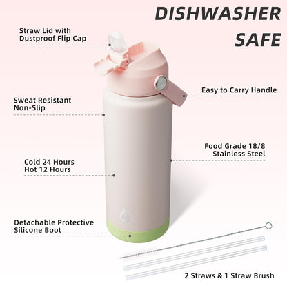 BJPKPK Insulated Water Bottle with Straw Lid, 18oz Thermo Water Bottles with Soft Nozzle, Flex Handle & Non-slip Boot, BPA Free Leak Proof Stainless Steel Metal Thermo, Tumblers, Cups,Sea Salt