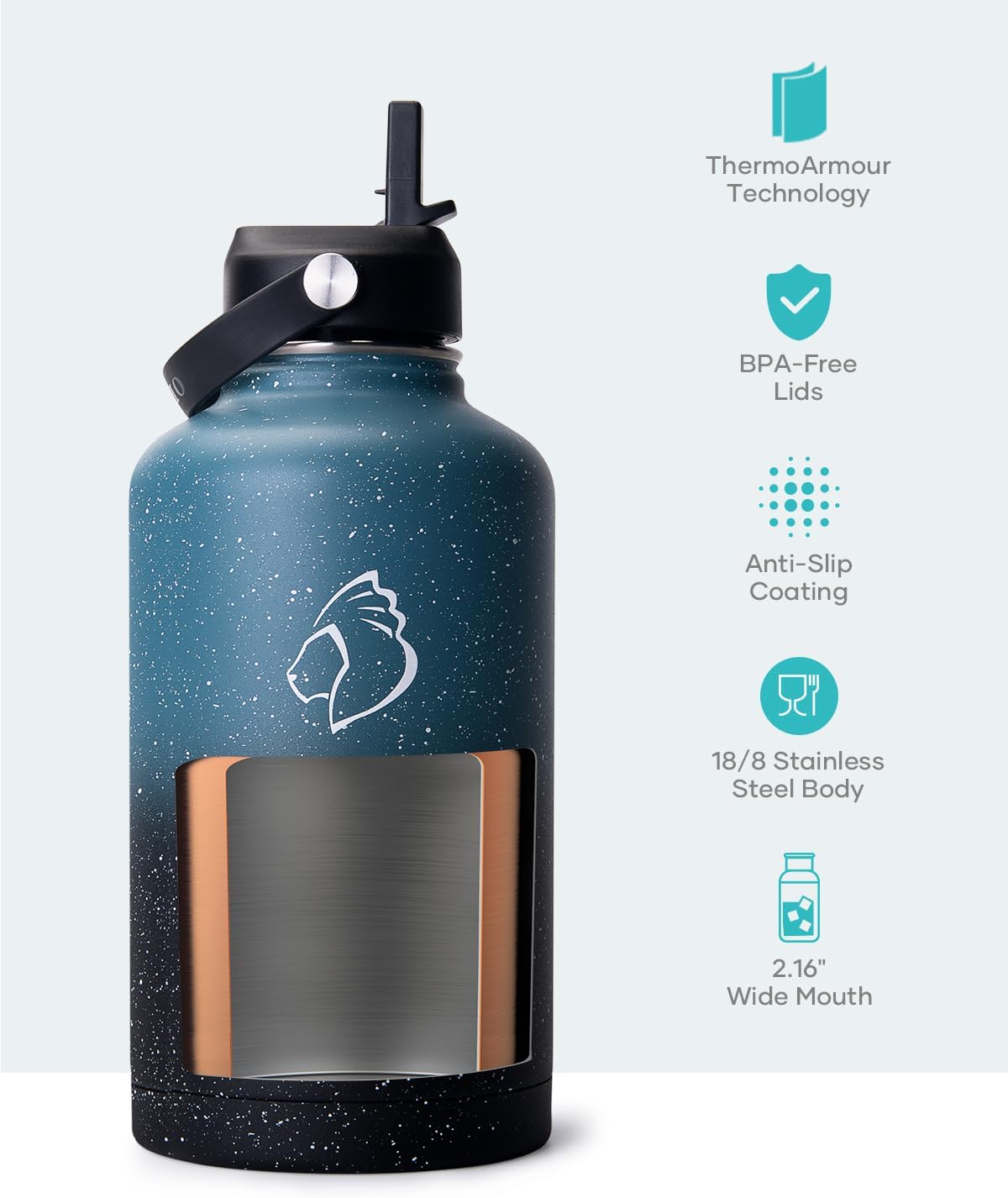 BUZIO 40oz Insulated Water Bottle, Triple Wall Vacuum Stainless Steel Water Flask with 2 lids, Lead-Free BPA-Free Straw Lid Sports Canteen Jug, Cold 48H & Hot 24H- Black - Colors A