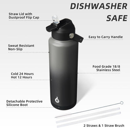 BJPKPK Insulated Water Bottle with Straw Lid, 18oz Thermo Water Bottles with Soft Nozzle, Flex Handle & Non-slip Boot, BPA Free Leak Proof Stainless Steel Metal Thermo, Tumblers, Cups,Sea Salt
