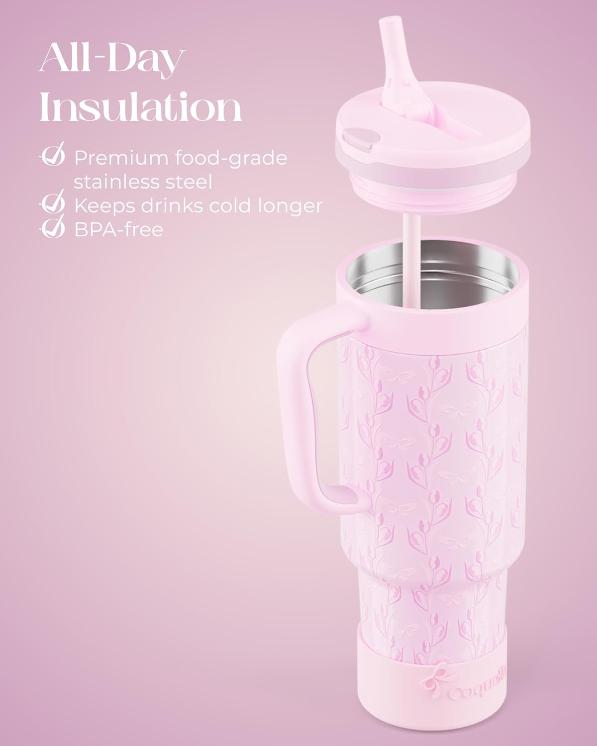 40 oz Insulated Tumbler with Handle and Push-Button Straw Lid, Stainless Steel Travel Cup for Gym Office, Leakproof, BPA-Free, Cup Holder Friendly, Bow Silicone Boot, Purple (Light Lilac)