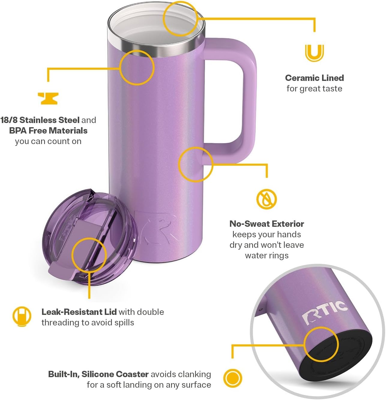 RTIC 20oz Road Trip Travel Mug with Lid and Handle, Ceramic Lined, Insulated, Stainless Steel, Metal, Double Wall Vacuum-Insulation, Portable Coffee, Tea Cup for Hot and Cold Drink, Black