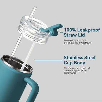 Gpeng 30/40/50 oz Tumbler with Handle, Water Bottles with Straw Lid, Insulated Stainless Steel Travel Mug Cup Holder Friendly, Keep Drinks Cold or Hot for Hours (LightGrey, 50 oz)