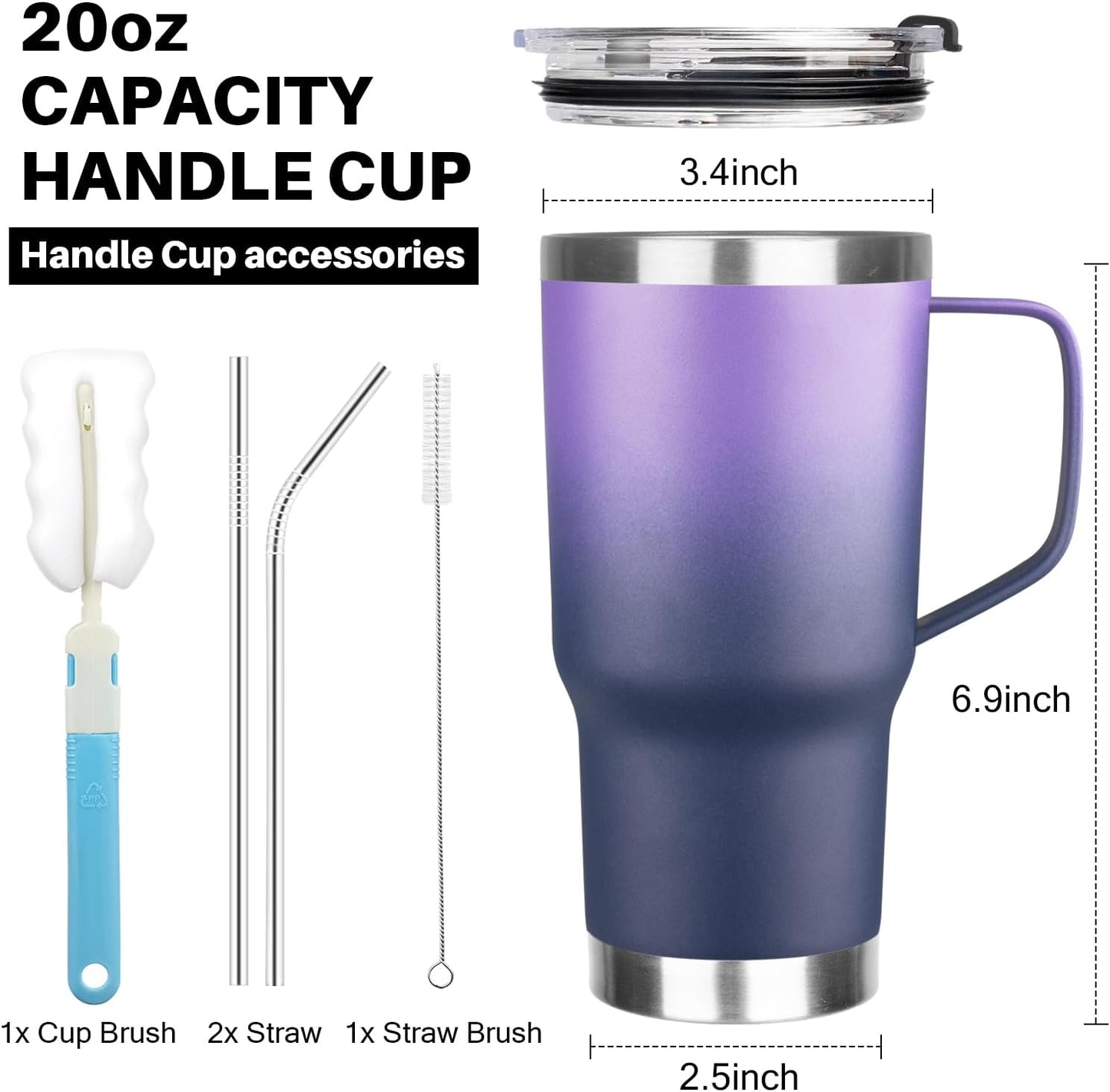 20 oz Tumbler with Handle, Stainless Steel Insulated Tumbler with Lid and Straw, Double Wall Vacuum Coffee Mug Tumbler, Insulated Coffee Thermal Cup for Cold and Hot (Light Purple)