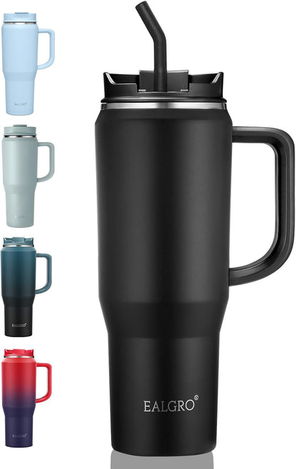 EALGRO 50 oz Tumbler with Handle, Insulated Tumblers with Lid and Straw, Large Metal Sports Water Bottle Jug, Thermal Stainless Steel Travel Coffee Mug Cup, Black